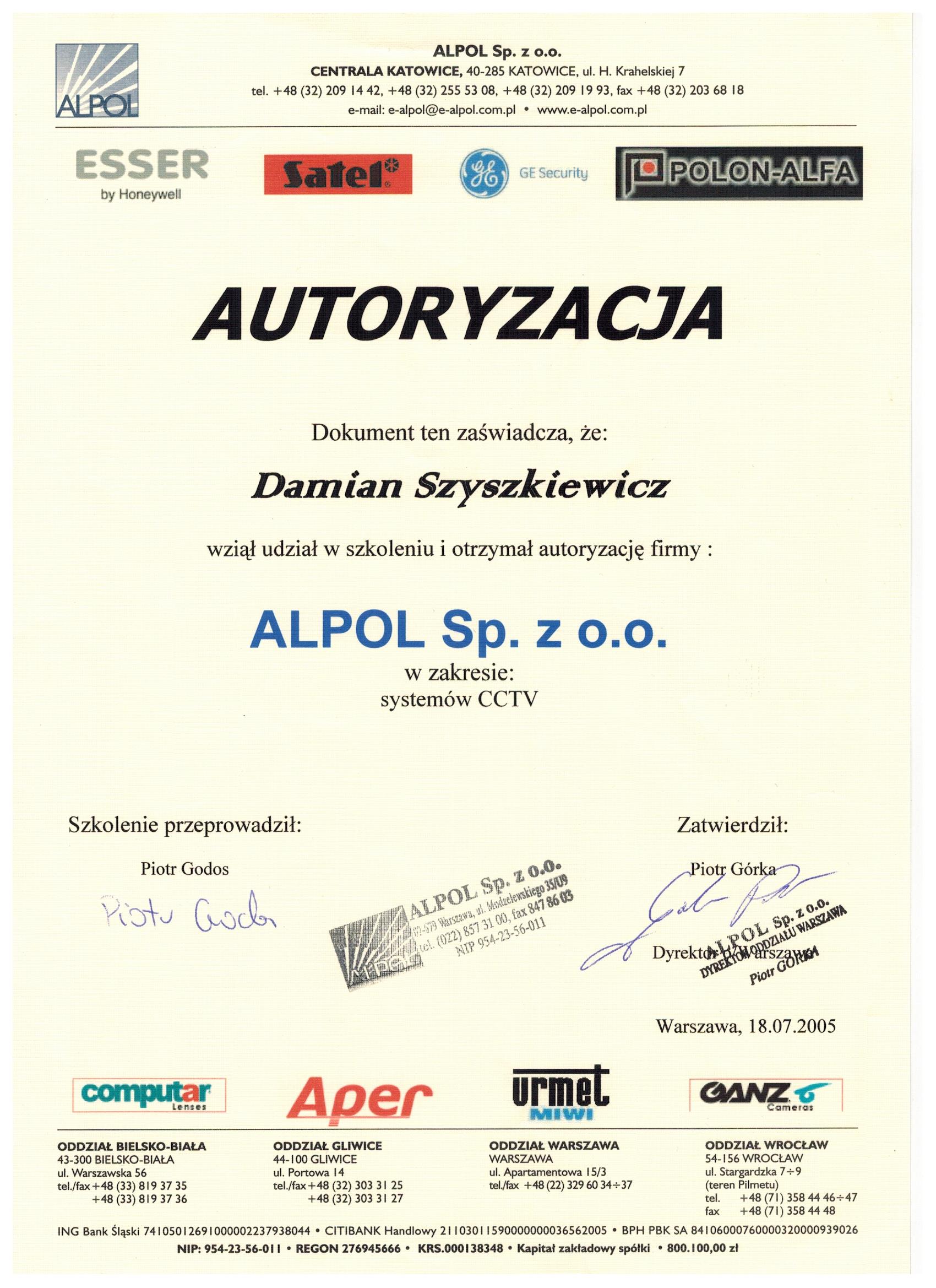 Autoryzacja firmy APLOL - systemy CCTV