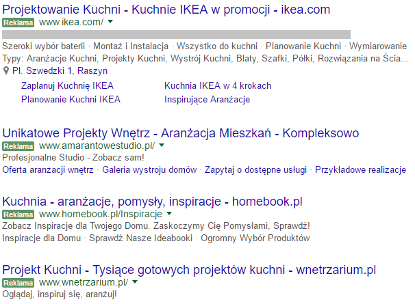 Przykład reklamy AdWords - projektowanie kuchni