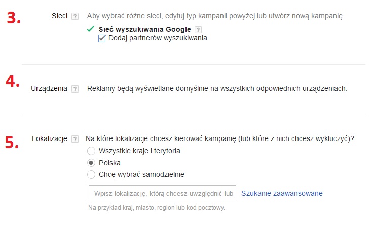 konfiguracja kampanii adwords - lokalizacje, urządzenia, sieci
