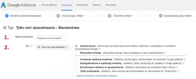 Zakładanie konta - widok strony - nazwa i typ kampanii