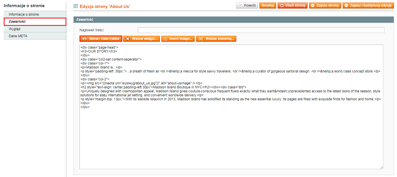 Edytor tekstowy w Magento Widok edytora tekstowego w Magento. Wstawianie skryptu Magento.