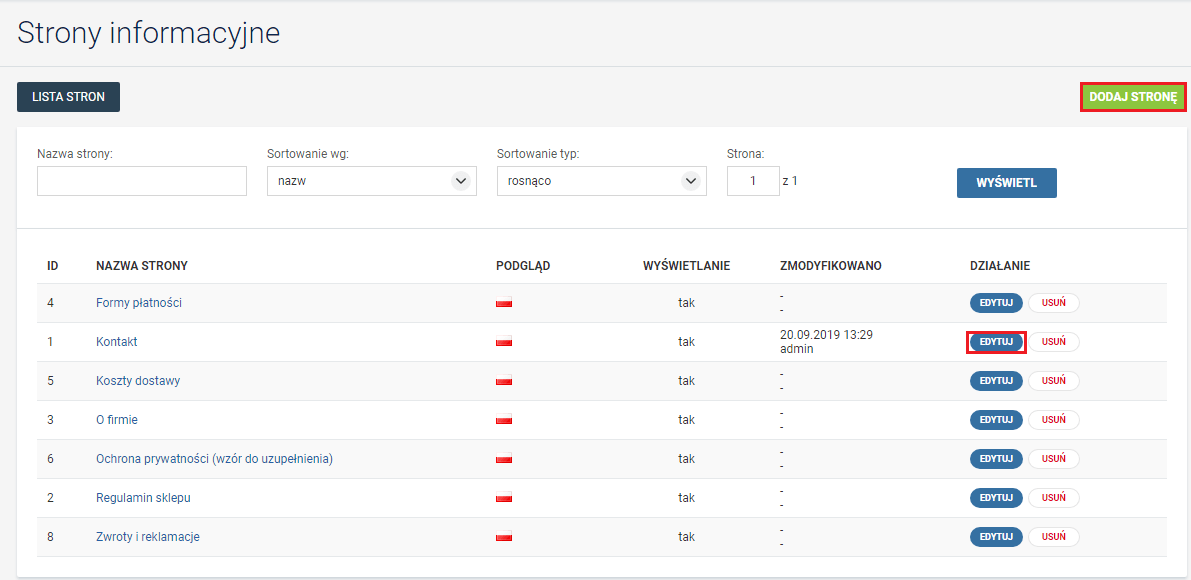Lista stron informacyjnych Widok listy stron informacyjnych w Selly