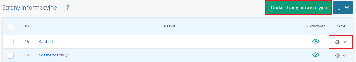 Lista stron informacyjnych Lista stron informacyjnych w panelu administracyjnym Shoper