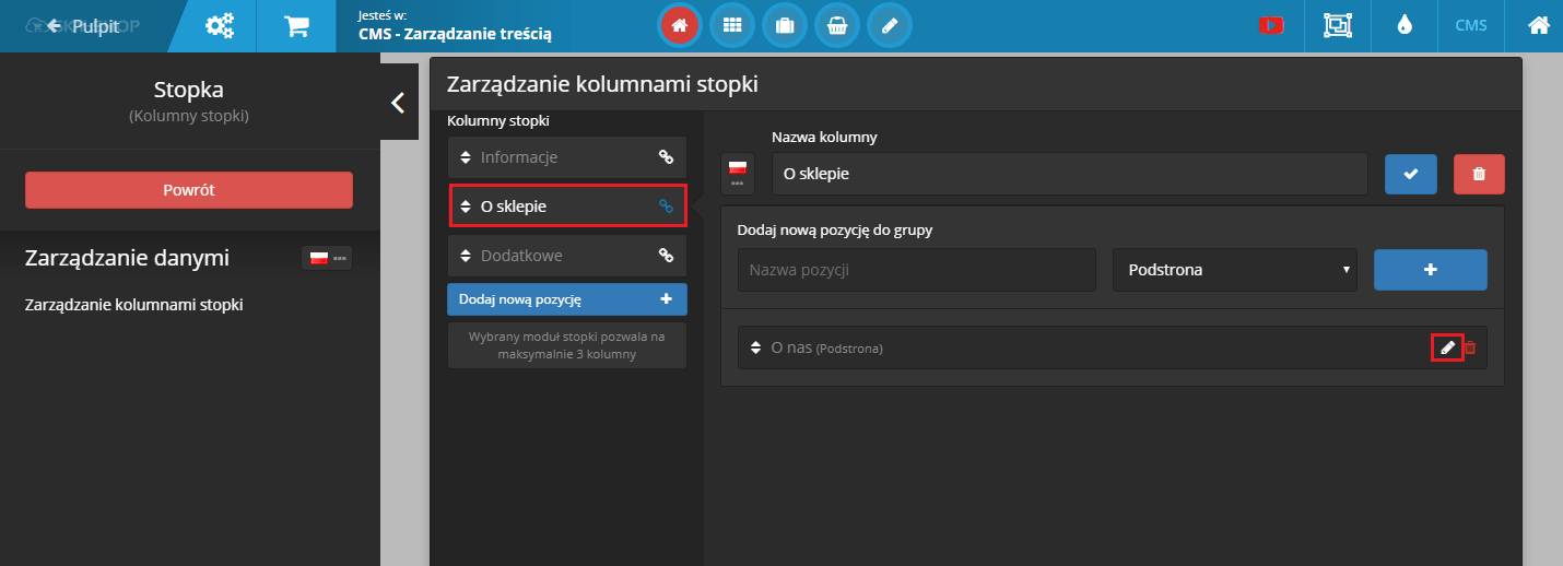 Lista stron informacyjnych Widok listy stron informacyjnych w SkyShop